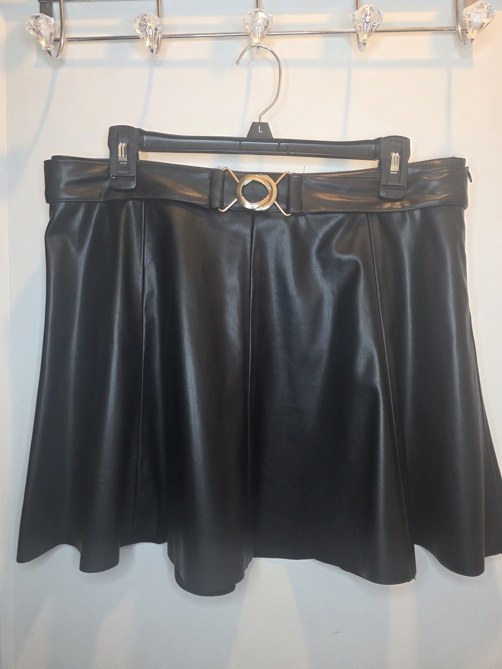 Zara Black Faux Leather Skater Skirt with Gold Ring Detail